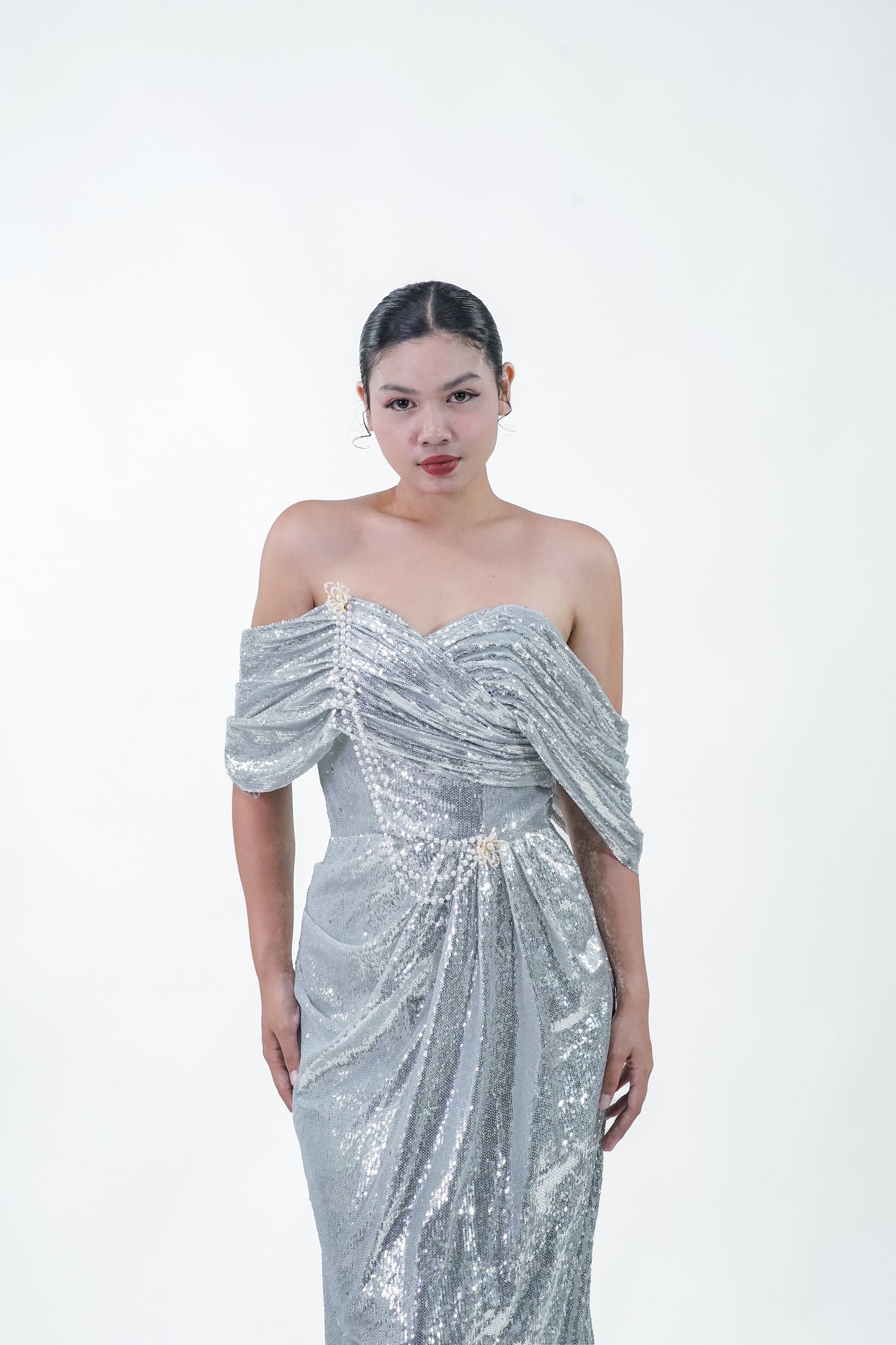Metallic Silver Off-Shoulder Evening Gown - Noelle West Bridals