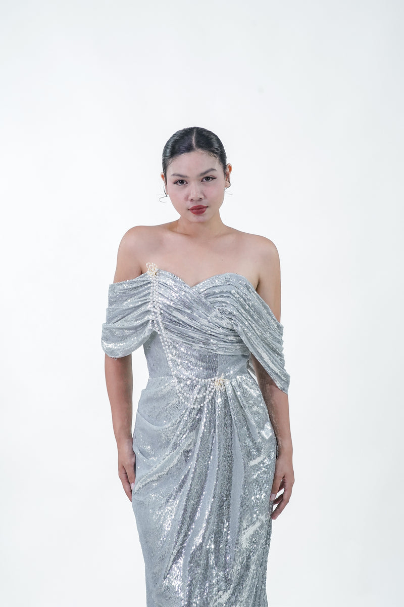 Metallic Silver Off-Shoulder Evening Gown - Noelle West Bridals