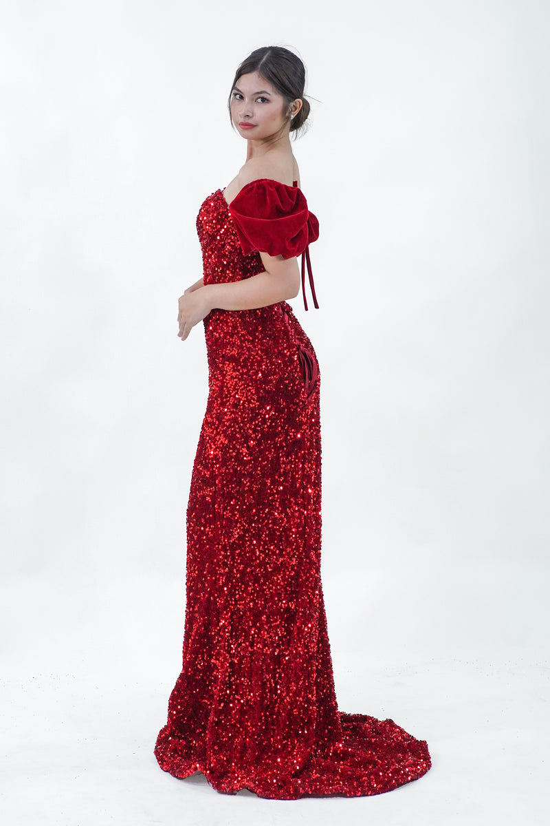 Off-Shoulder Ruffled Sequined Red Evening Gown - Noelle West Bridals