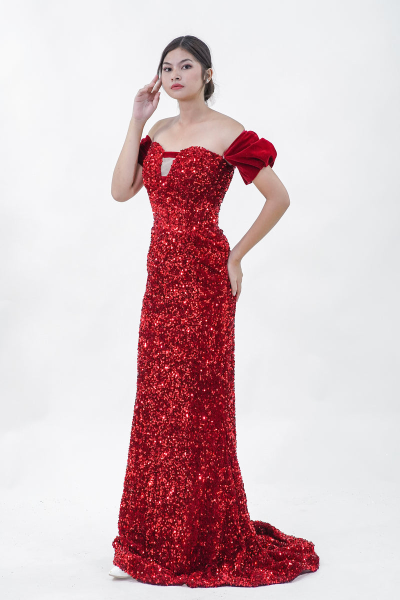 Off-Shoulder Ruffled Sequined Red Evening Gown - Noelle West Bridals