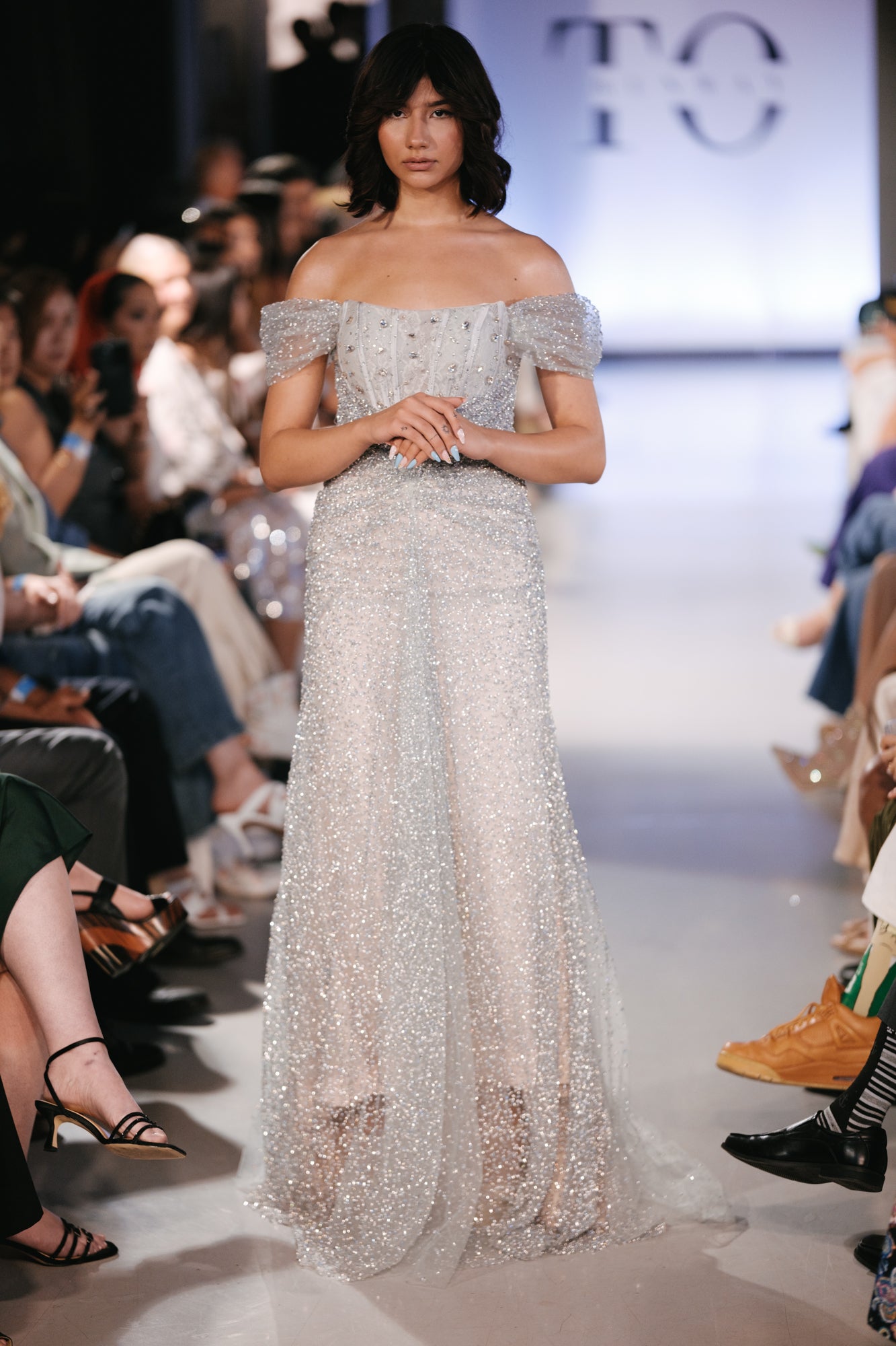 Blue Silver Sparkly Off Shoulder Evening Gown - Noelle West Bridals