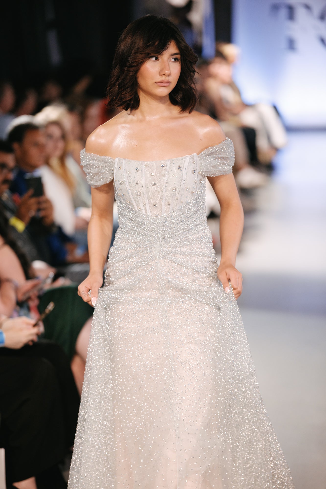 Blue Silver Sparkly Off Shoulder Evening Gown - Noelle West Bridals