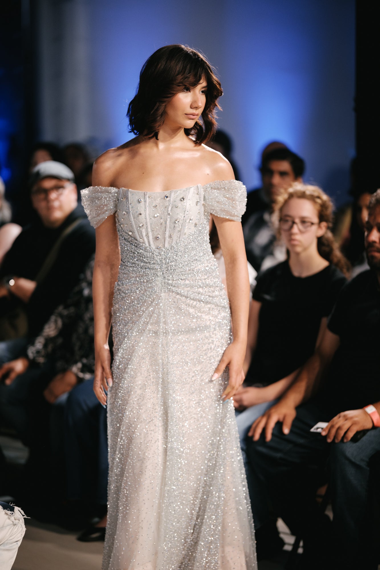 Blue Silver Sparkly Off Shoulder Evening Gown - Noelle West Bridals