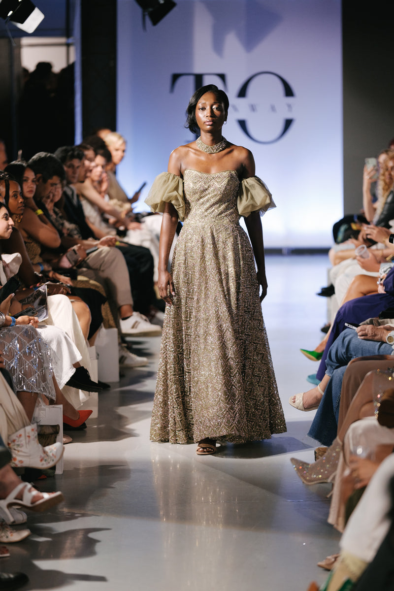 Off-Shoulder Green Sparkly Evening Gown - Noelle West Bridals