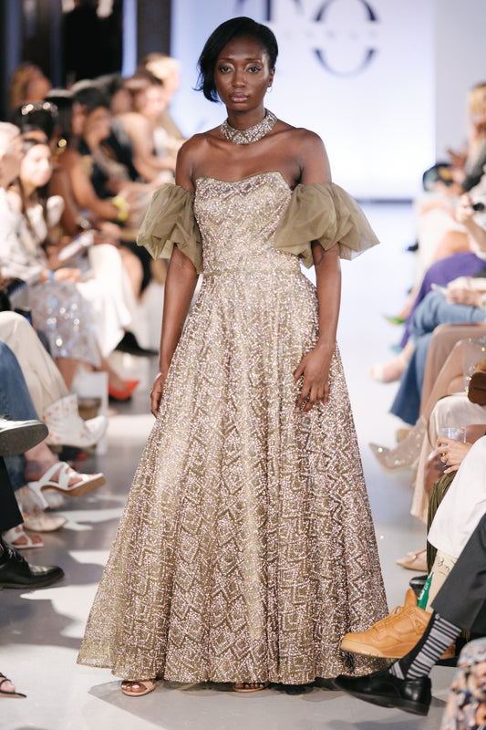 Off-Shoulder Green Sparkly Evening Gown - Noelle West Bridals