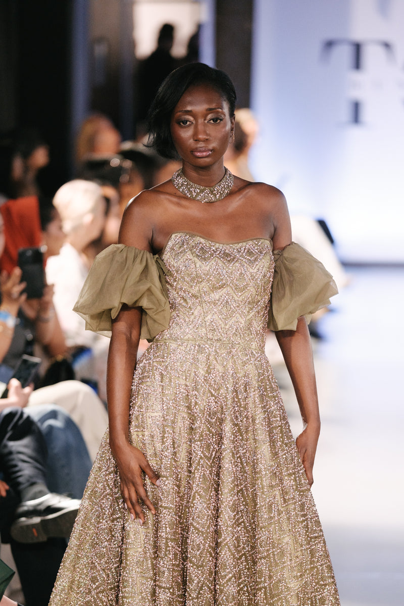 Off-Shoulder Green Sparkly Evening Gown - Noelle West Bridals