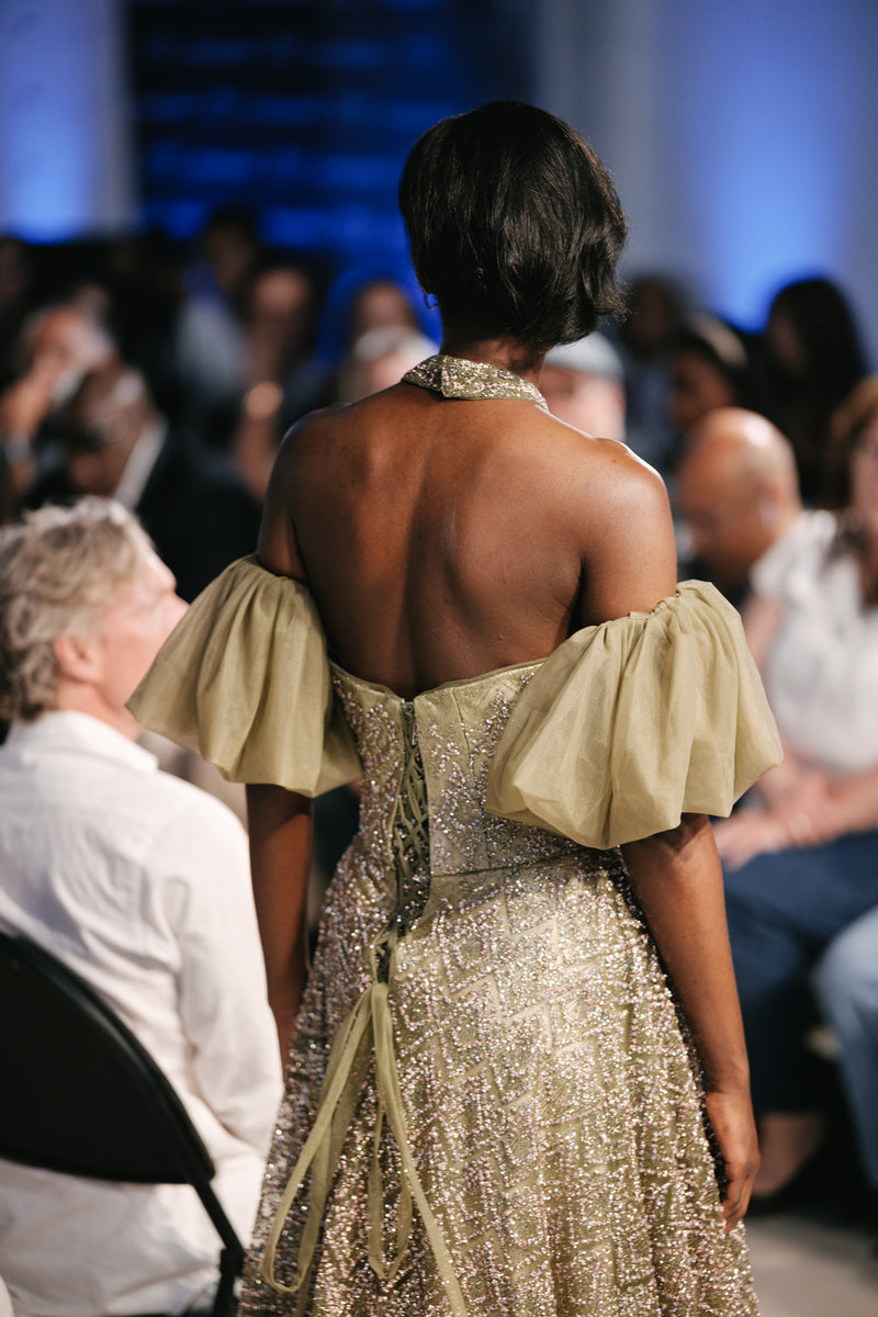 Off-Shoulder Green Sparkly Evening Gown - Noelle West Bridals