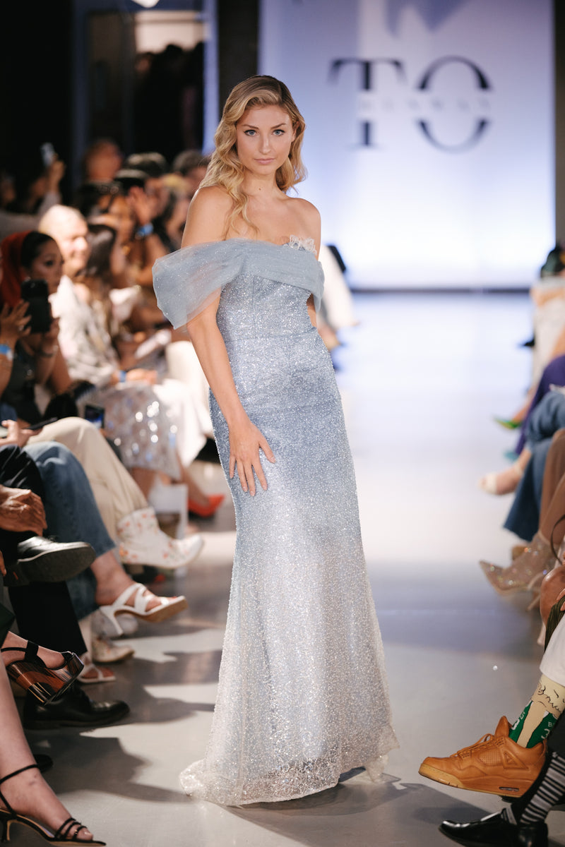 Off-Shoulder Water Blue Ethereal Evening Gown - Noelle West Bridals