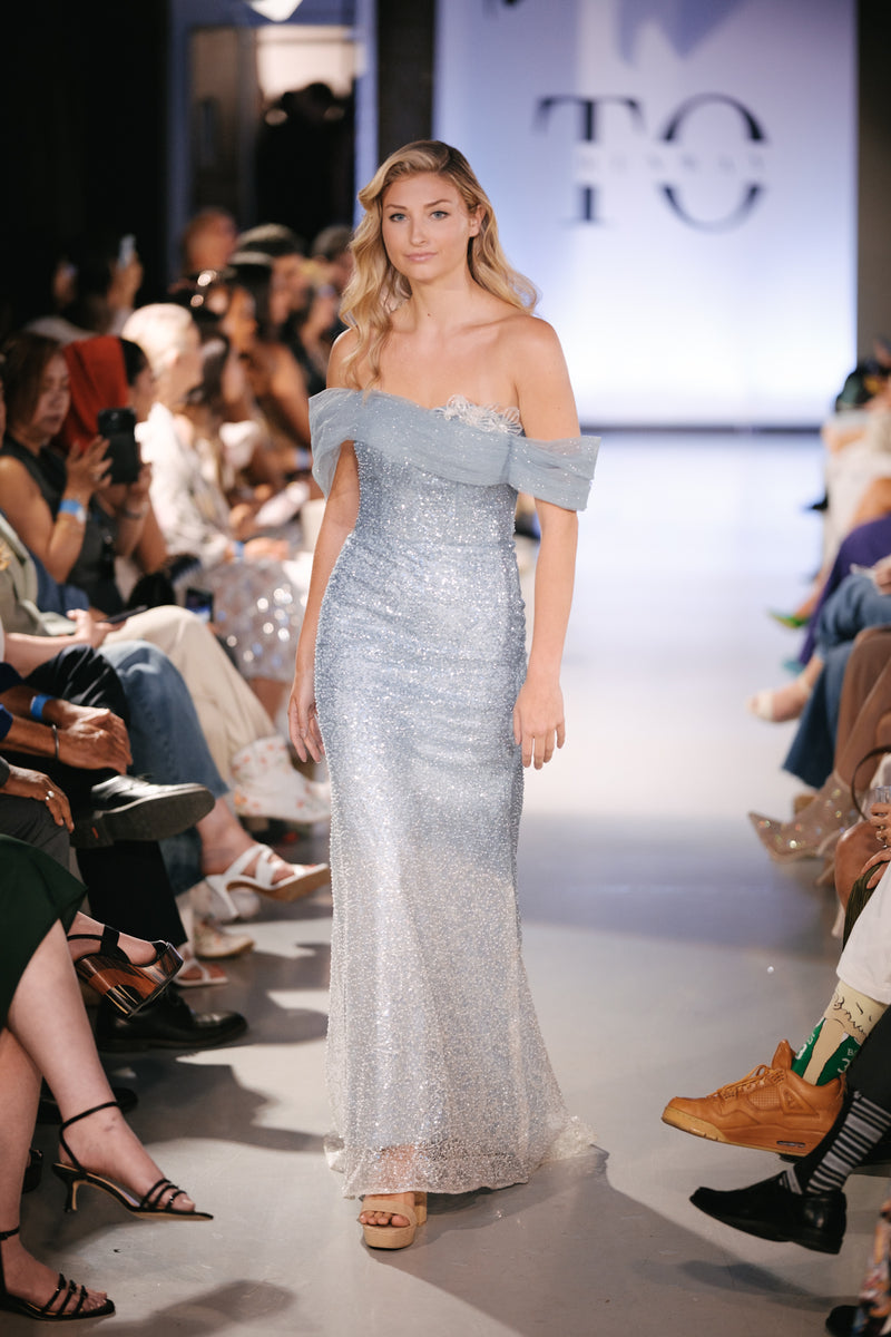 Off-Shoulder Water Blue Ethereal Evening Gown - Noelle West Bridals