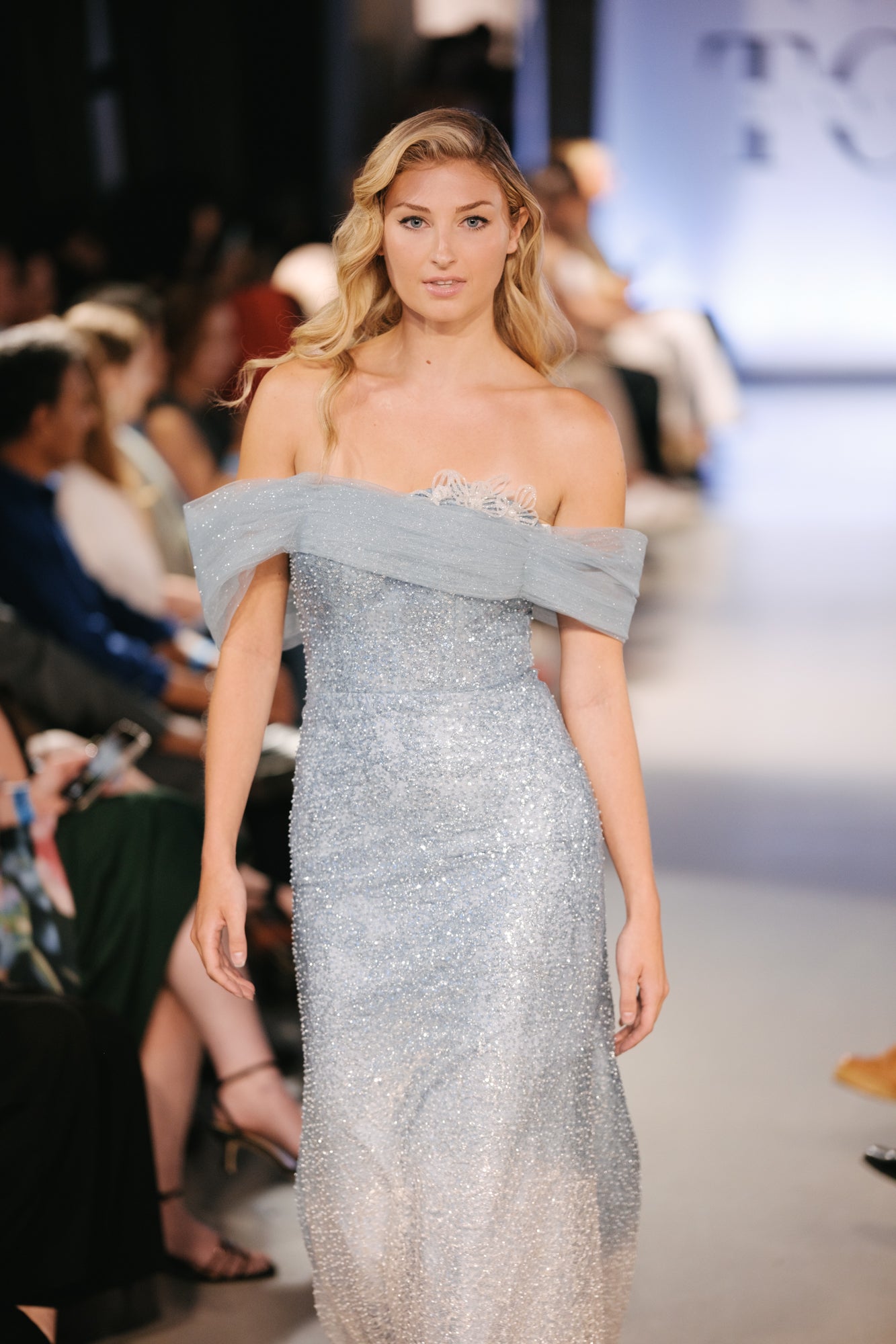 Off-Shoulder Water Blue Ethereal Evening Gown - Noelle West Bridals