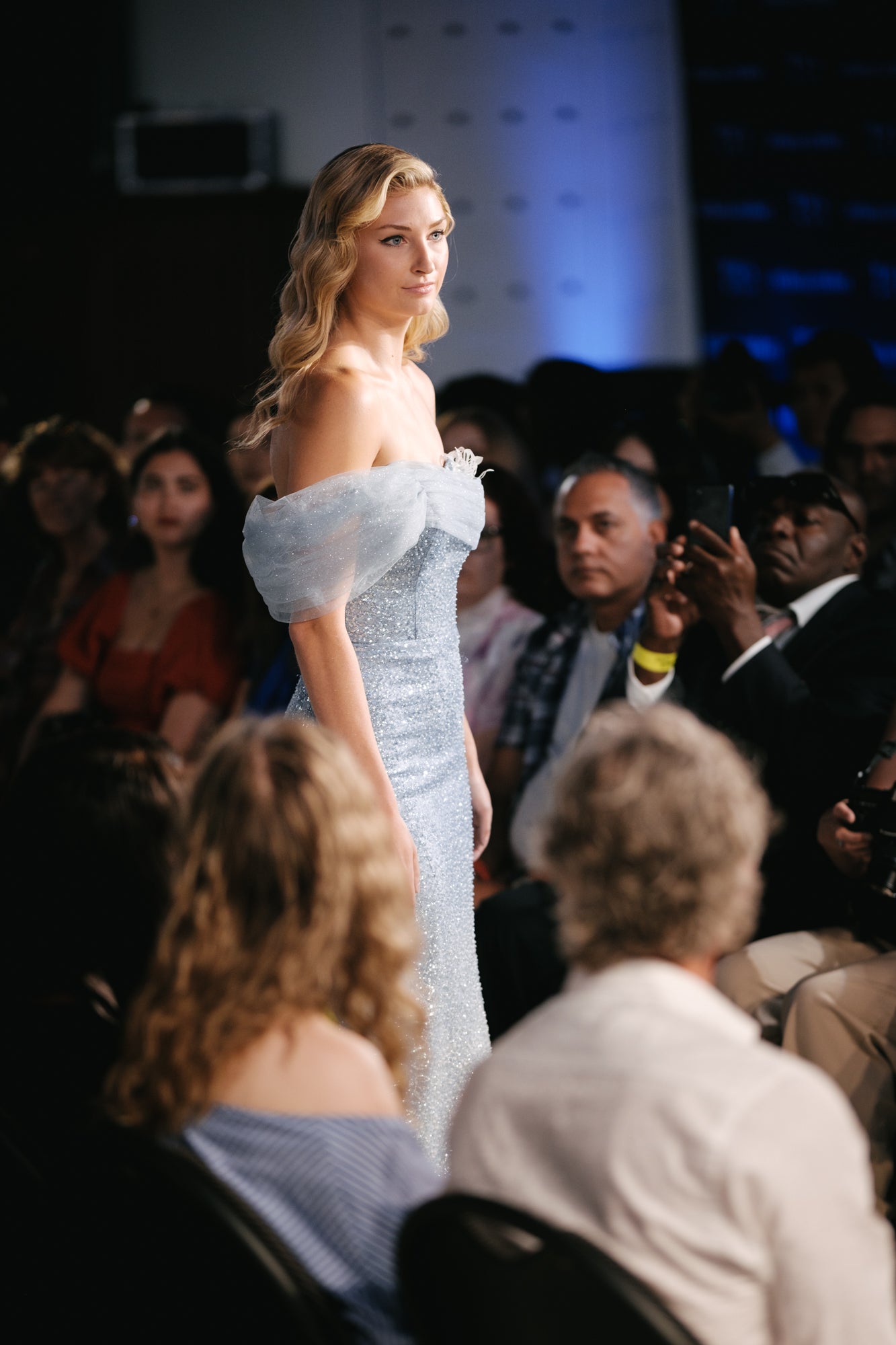 Off-Shoulder Water Blue Ethereal Evening Gown - Noelle West Bridals