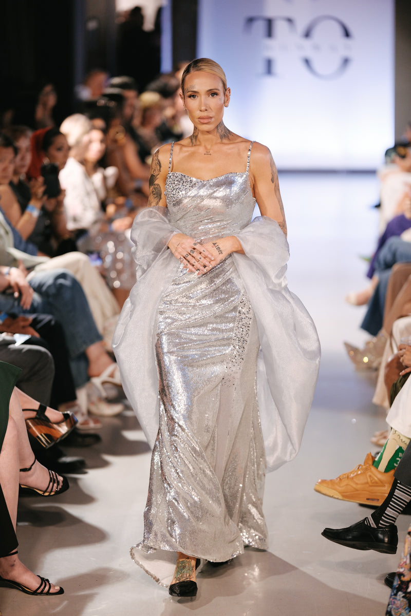 Silver Elegant Long Gown With Cape - Noelle West Bridals