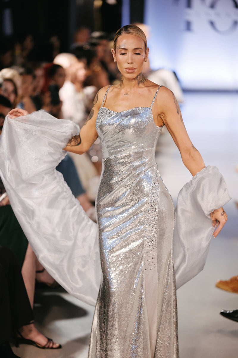 Silver Elegant Long Gown With Cape - Noelle West Bridals