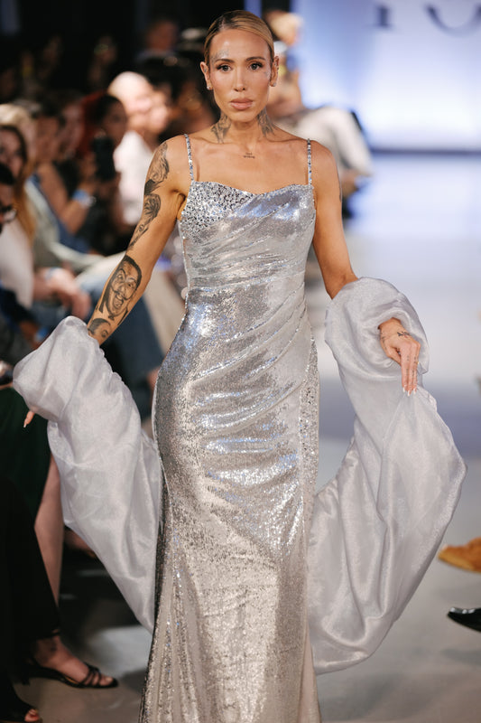 Silver Elegant Long Gown With Cape