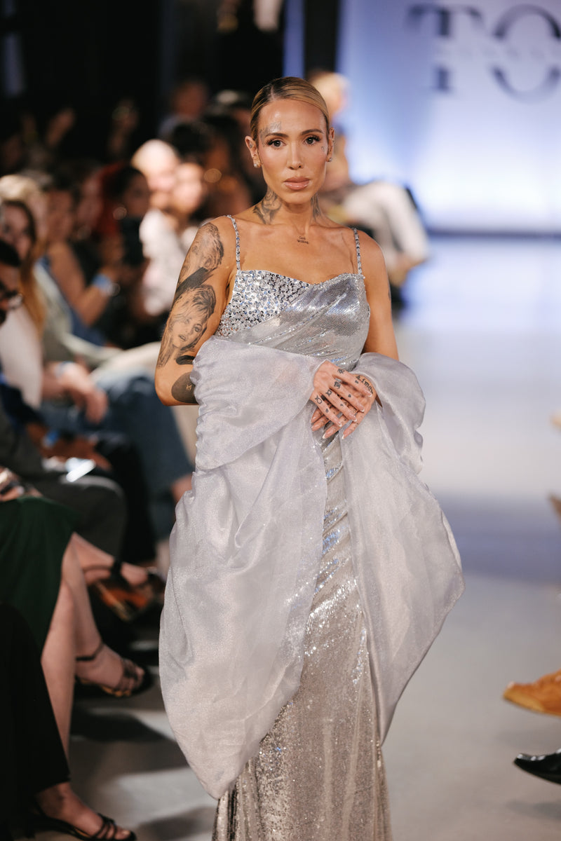 Silver Elegant Long Gown With Cape - Noelle West Bridals