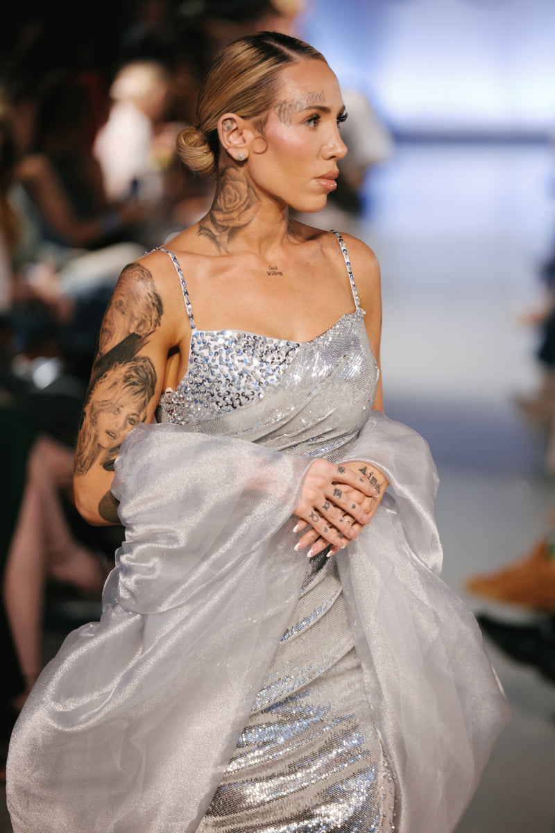 Silver Elegant Long Gown With Cape - Noelle West Bridals