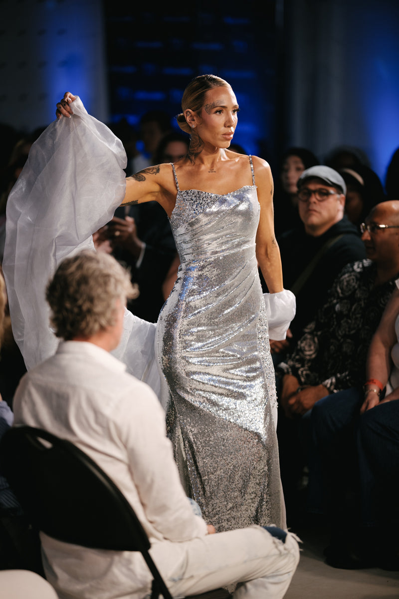 Silver Elegant Long Gown With Cape - Noelle West Bridals