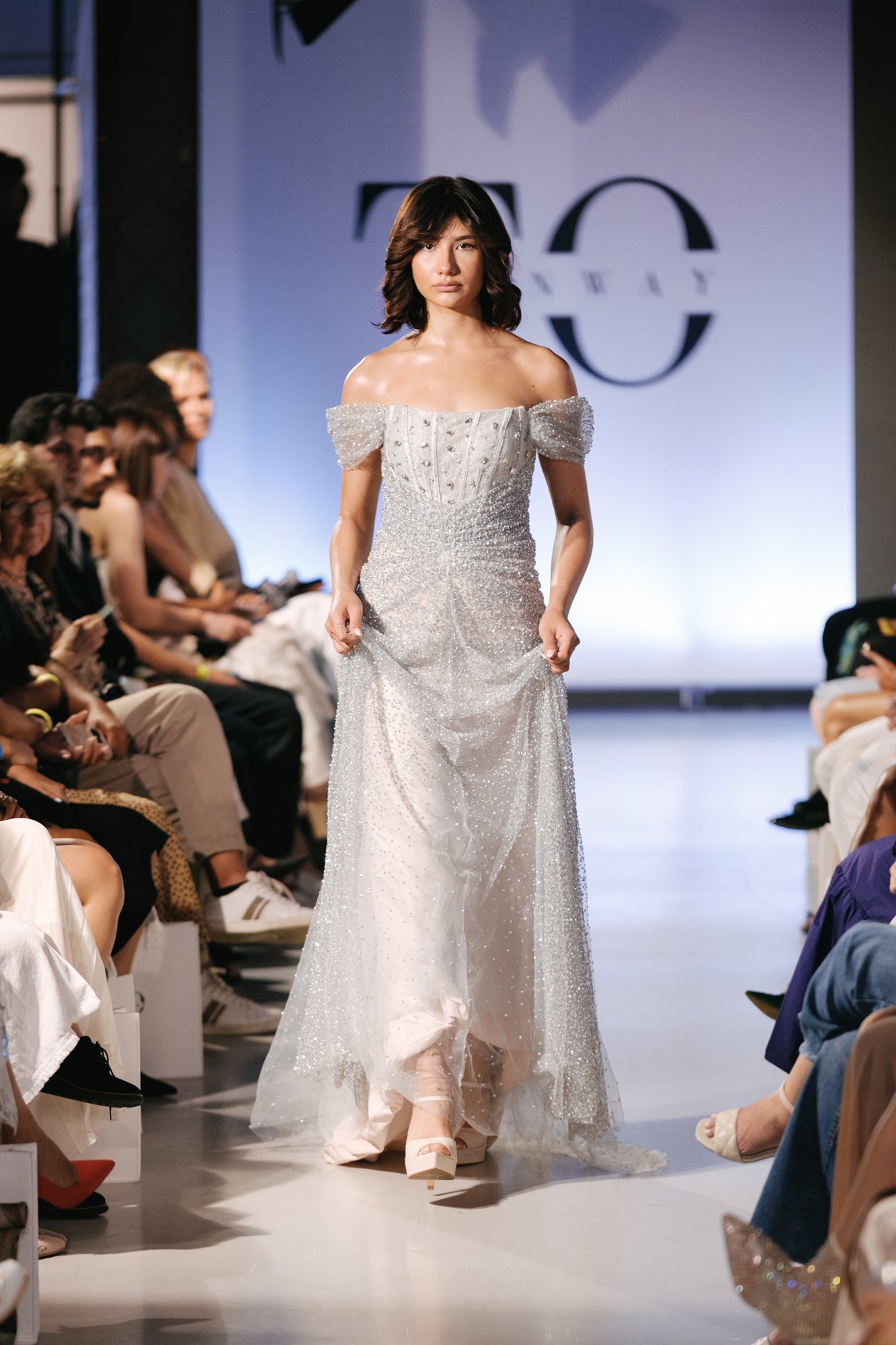 Blue Silver Sparkly Off Shoulder Evening Gown - Noelle West Bridals