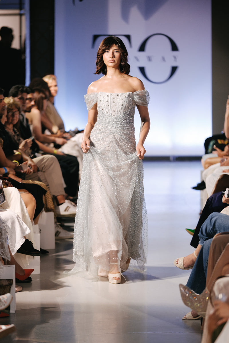 Blue Silver Sparkly Off Shoulder Evening Gown - Noelle West Bridals