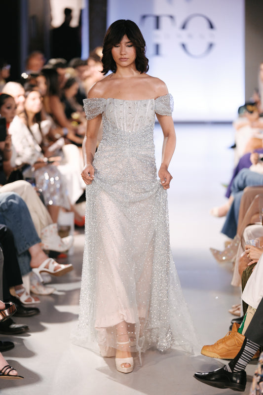 Blue Silver Sparkly Off Shoulder Evening Gown - Noelle West Bridals