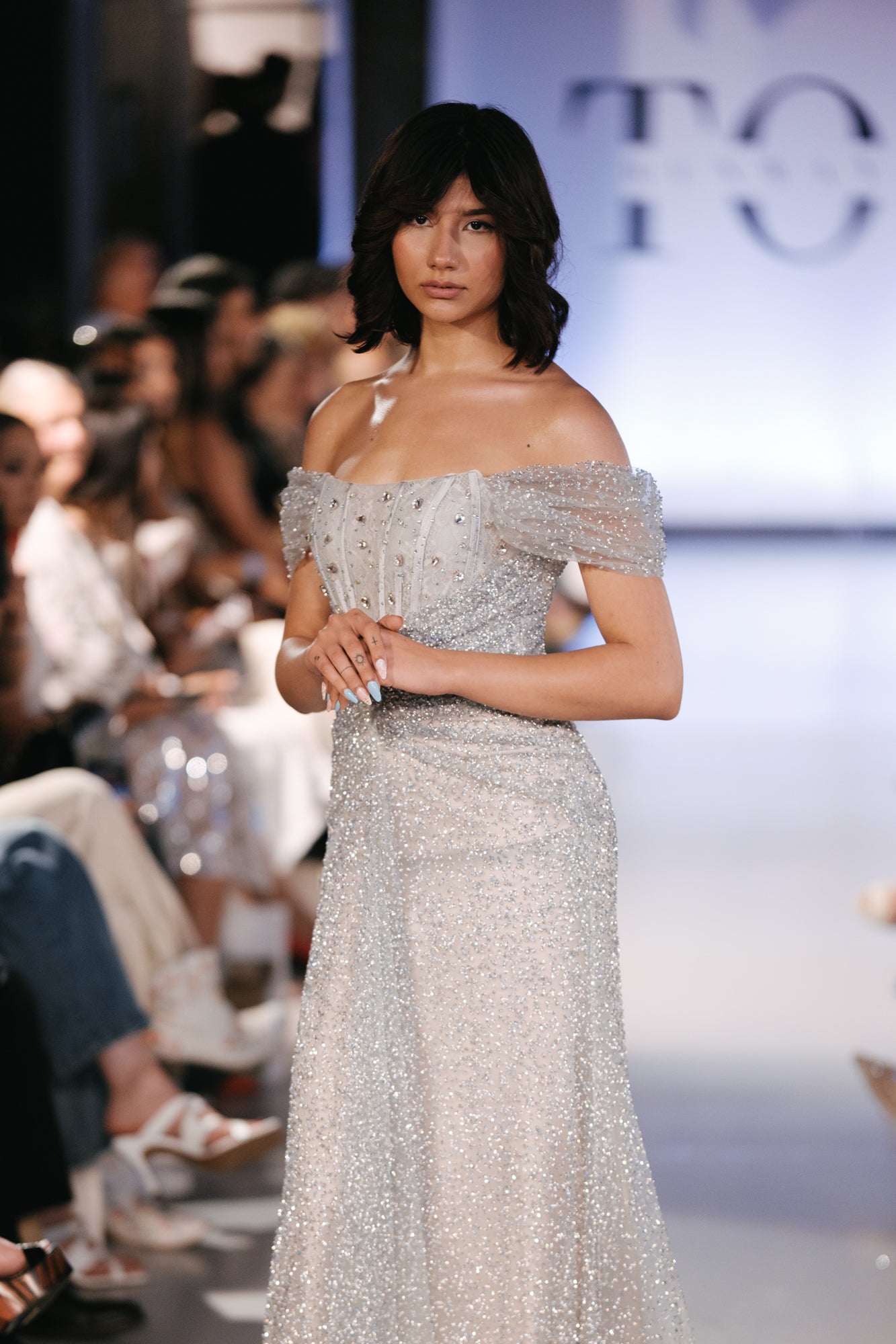 Blue Silver Sparkly Off Shoulder Evening Gown - Noelle West Bridals